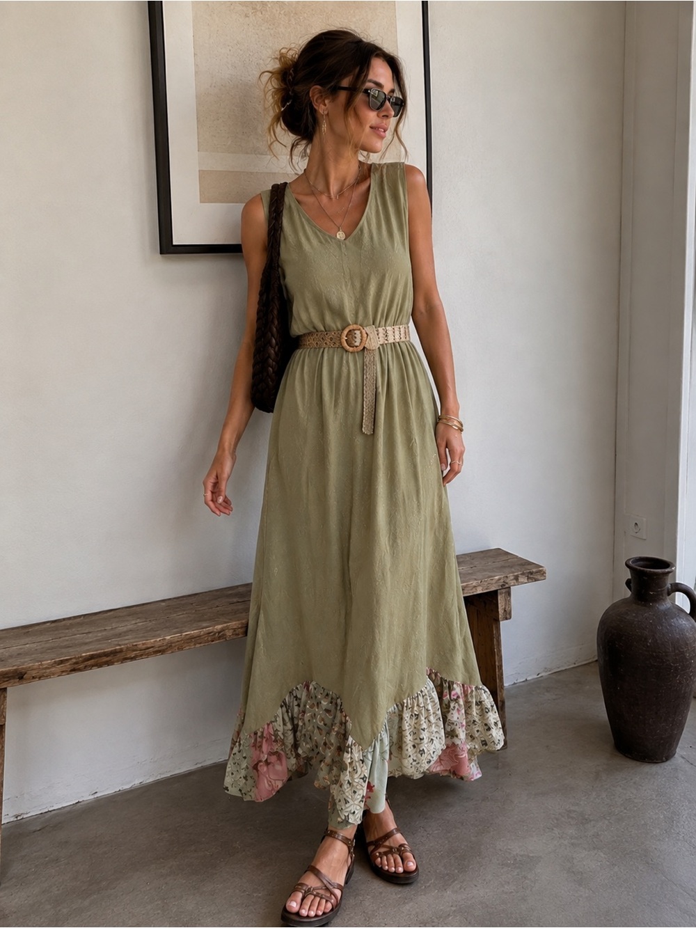 Vintage Sleeveless Olive Green Maxi Dress with Floral Ruffle Hem